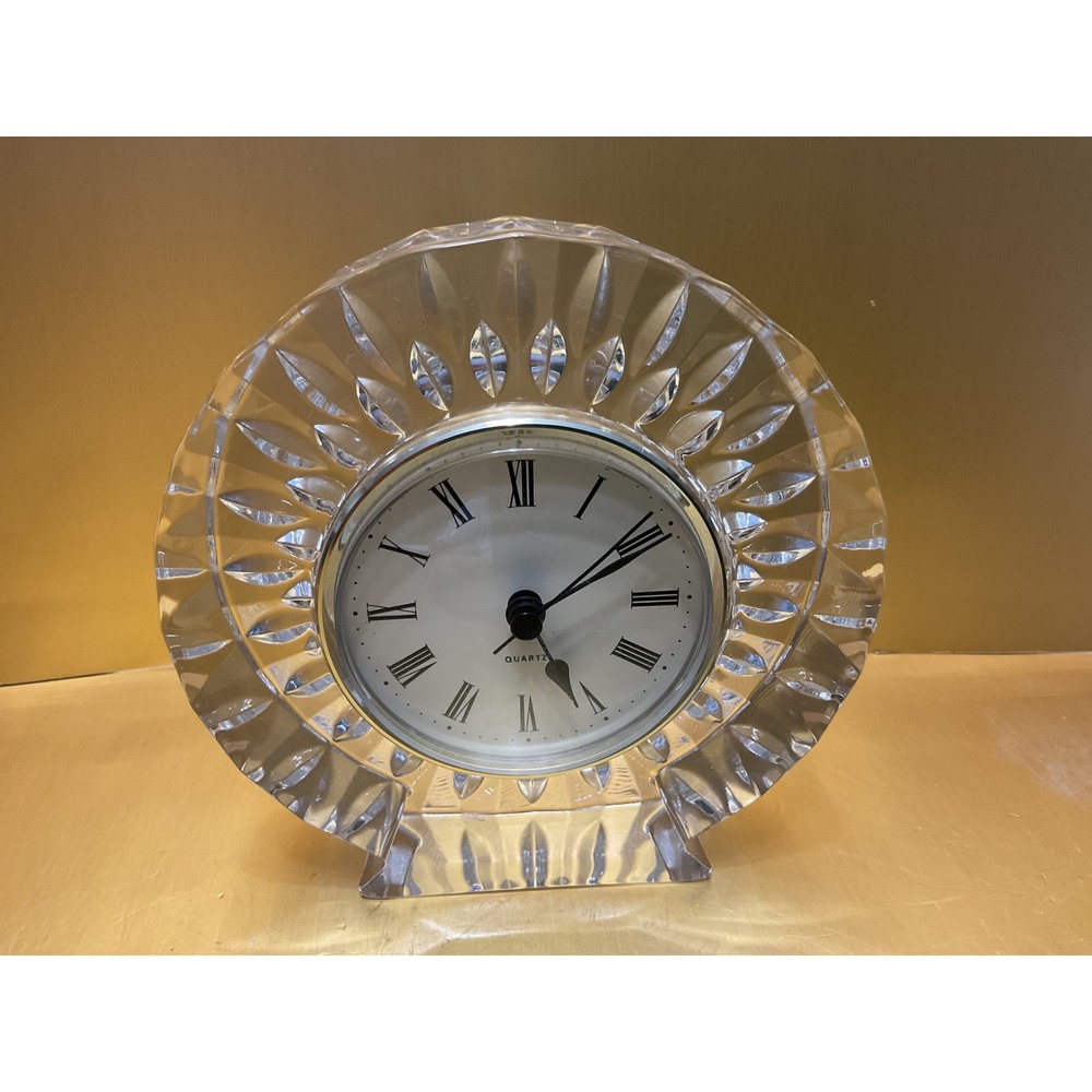 Vintage Lead Crystal Desk Clock Quartz Roman Numeral Sunburst Cut Round 5 Inch